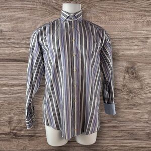 Thomas Dean Shirt Mens Large Purple Stripe Long Sleeve Button Up Flip Cuff (571